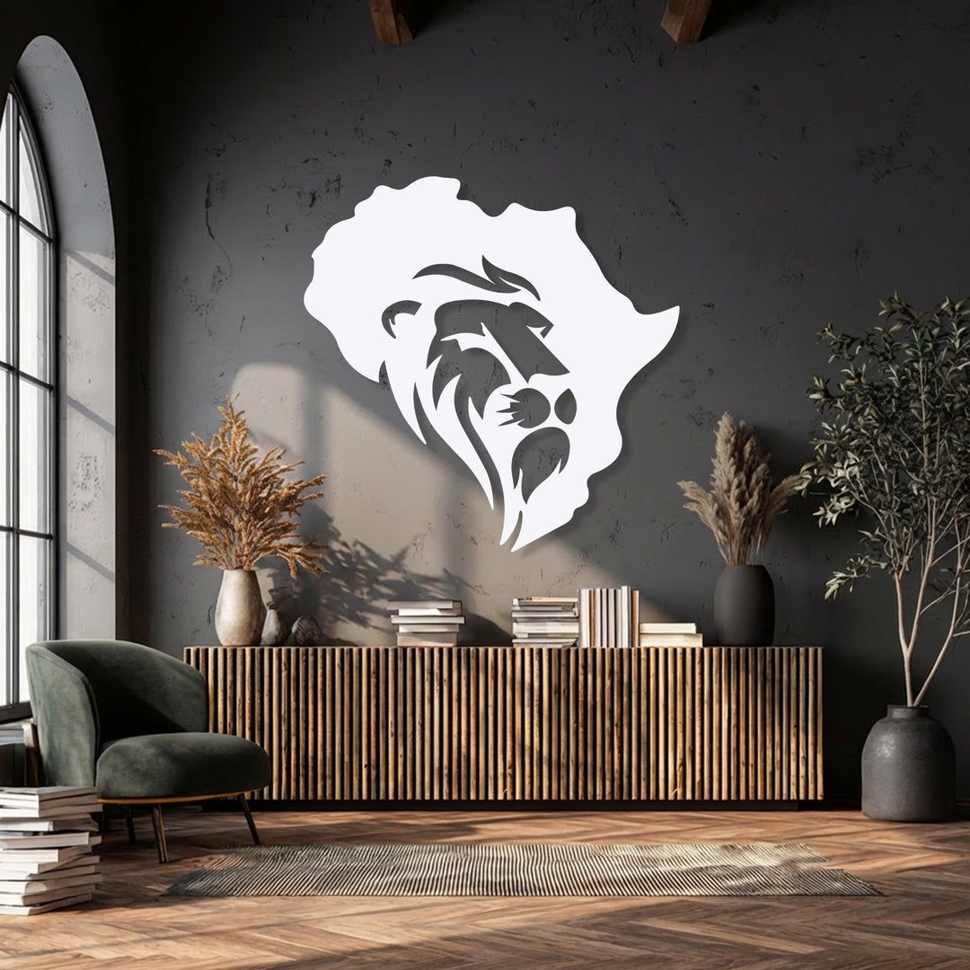 The striking white lion within an Africa map, a prominent piece of metal art for wall, commands attention against the dark textured wall.