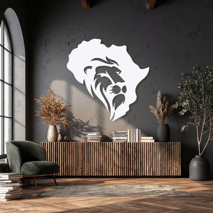 The striking white lion within an Africa map, a prominent piece of metal art for wall, commands attention against the dark textured wall.