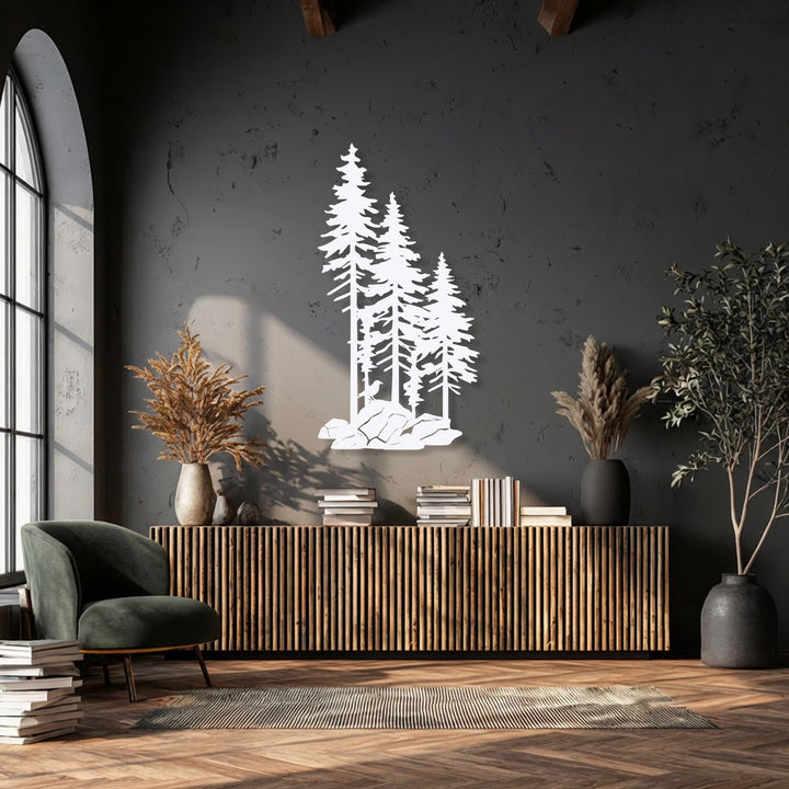 Deep charcoal grey room featuring a white Whispering Pines forest silhouette decorative metal art piece above a wooden console.