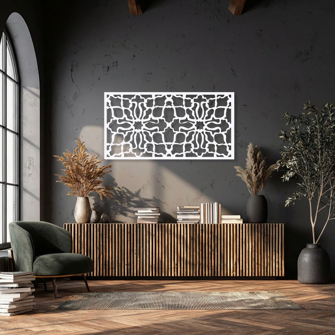 Moderately saturated deep charcoal walls complement the white ornamental geometric pattern metal art for wall, enhancing the room's elegant and subdued ambiance.