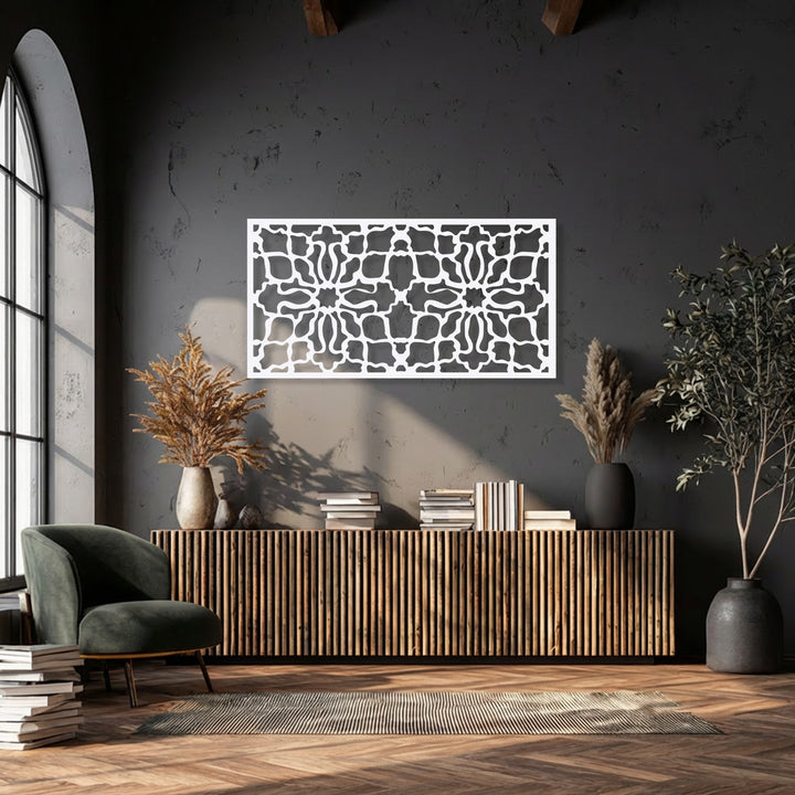 Moderately saturated deep charcoal walls complement the white ornamental geometric pattern metal art for wall, enhancing the room's elegant and subdued ambiance.