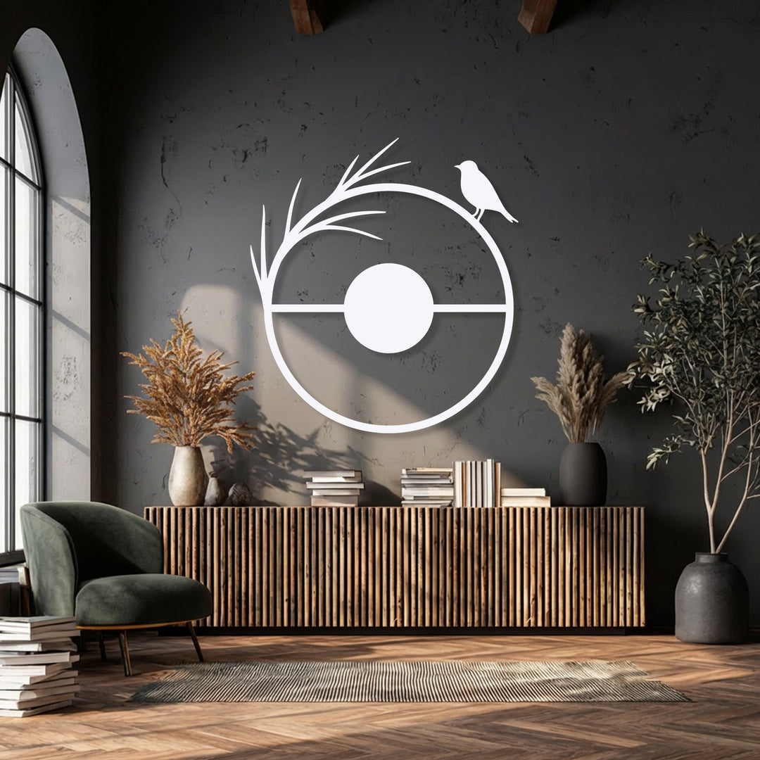 Strong sunlight casts dramatic shadows from the minimalist bird circle metal artwork, enhancing the deep textures of the dark room.