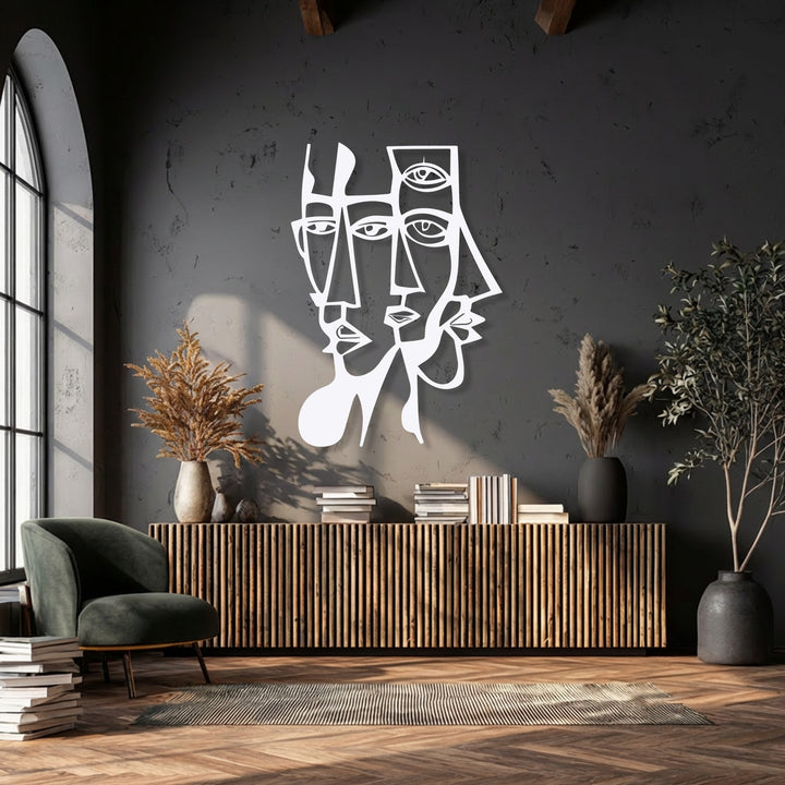 Radiant white abstract dual faces with geometric lines metal art for wall stands out brightly.