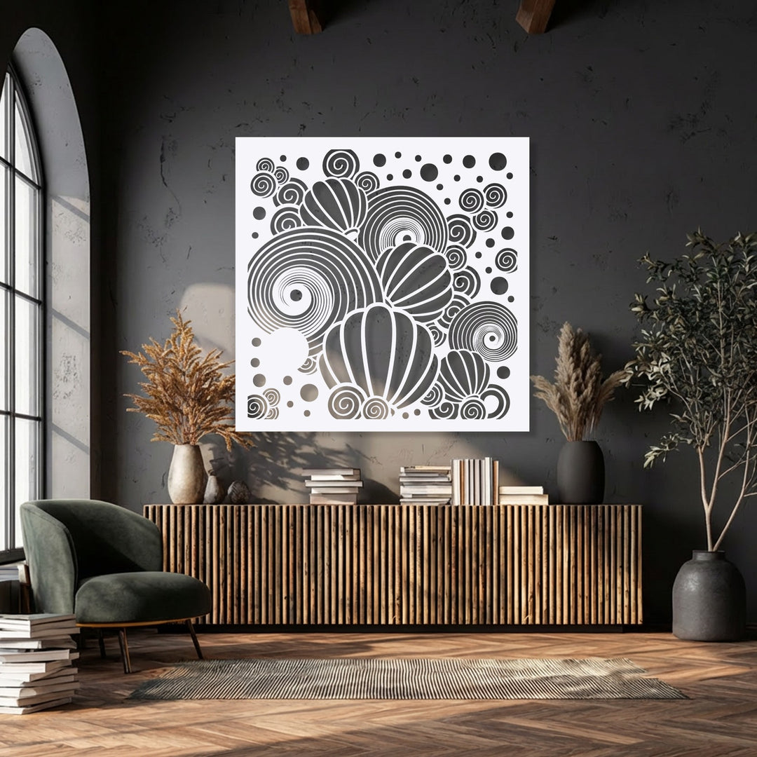 The brightest area of this stylish room features abstract cosmic balloon metal artwork with intricate spiral patterns.