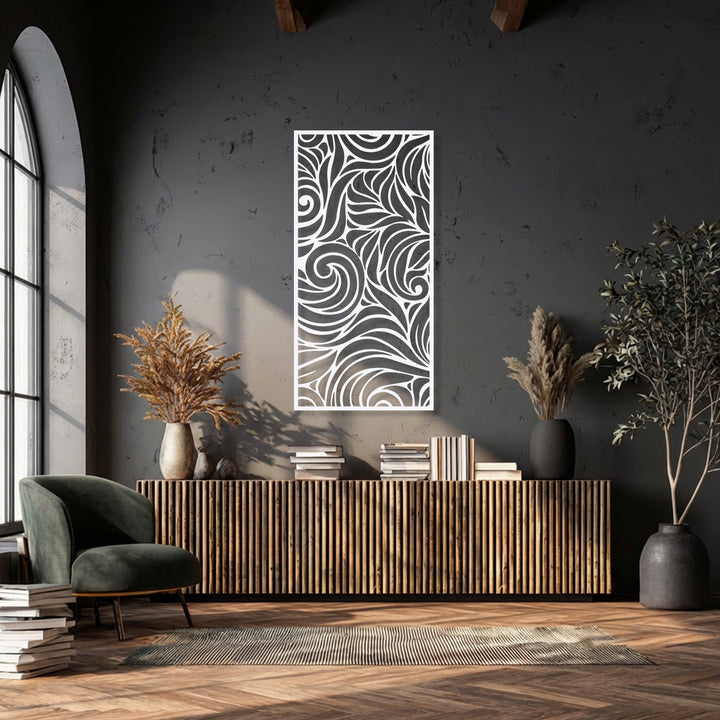 This unique metal wall art features precisely cut, durable metal, creating an elegant abstract swirl panel decor that enhances any space.