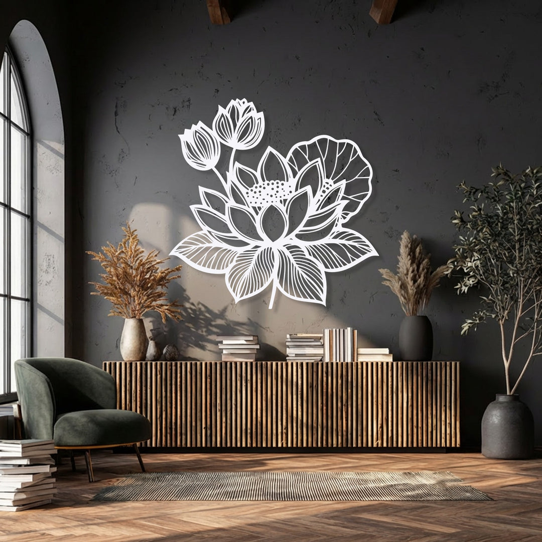 The layering effect of the white lotus unique metal wall art creates a dimensional shadow on the dark wall, enhancing its intricate floral design.