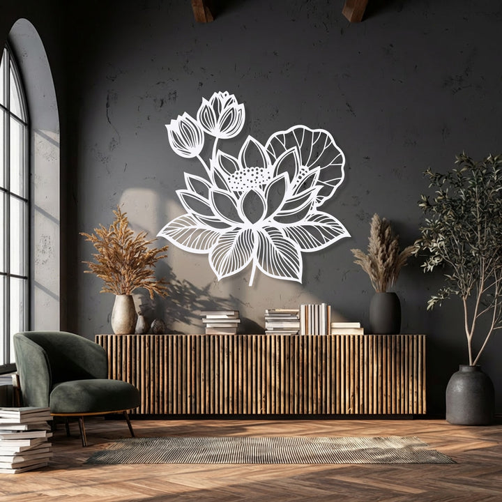 The layering effect of the white lotus unique metal wall art creates a dimensional shadow on the dark wall, enhancing its intricate floral design.