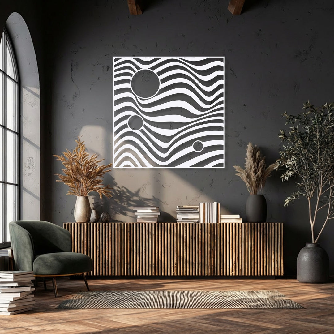 The color temperature casts a warm, inviting glow across the room, illuminating the abstract wave geometry metal decoration wall art.