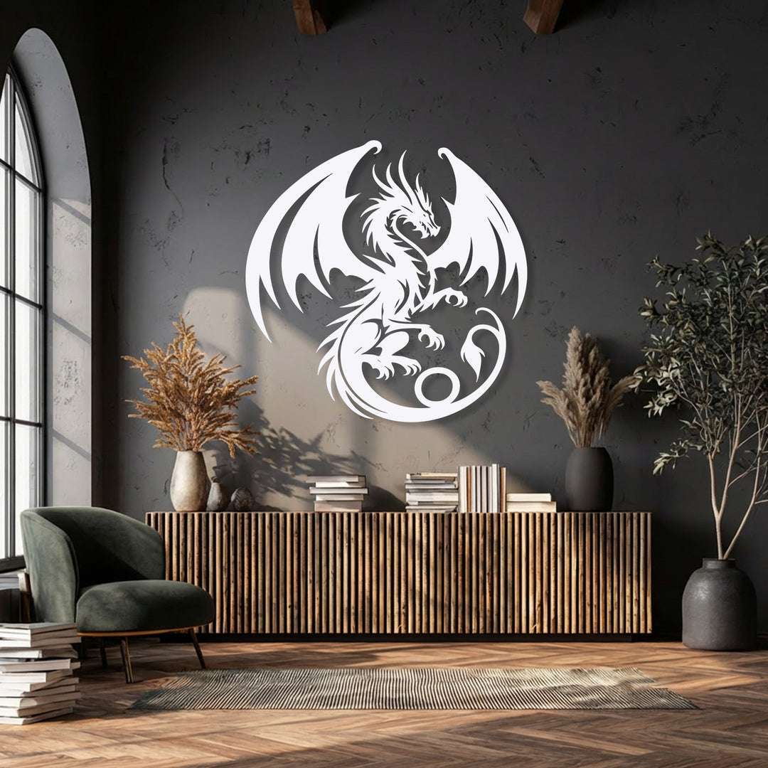 Stark color contrast dramatically emphasizes the majestic white dragon decoration wall art against the deep charcoal wall.