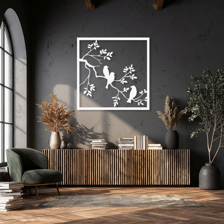 Capturing a moment of serene movement, the elegant birds on branch metal wall decor brings a dynamic touch to the minimalist space.