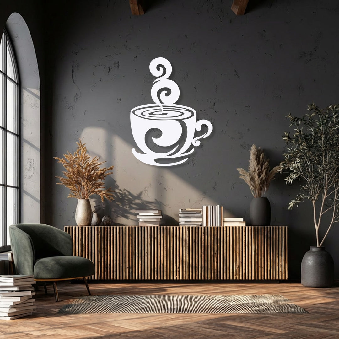 The darkest area, a textured charcoal wall, showcases elegant swirling coffee cup metal wall decor, providing a striking contrast in a modern kitchen setting.