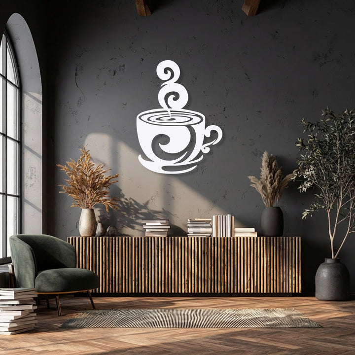 The darkest area, a textured charcoal wall, showcases elegant swirling coffee cup metal wall decor, providing a striking contrast in a modern kitchen setting.