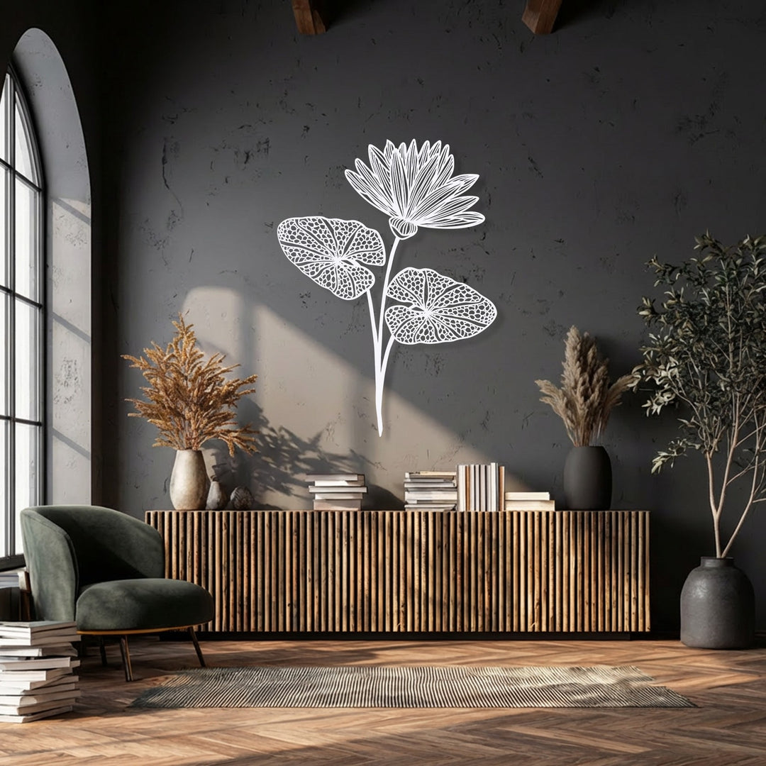 Radiant sunlight through the arched window brightly highlights the elegant botanical lotus decorative metal art.