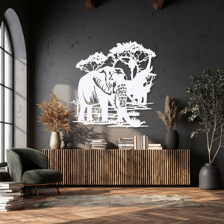 Dominantly dark charcoal grey wall highlights a magnificent, stark white elephant safari landscape metal art for wall.