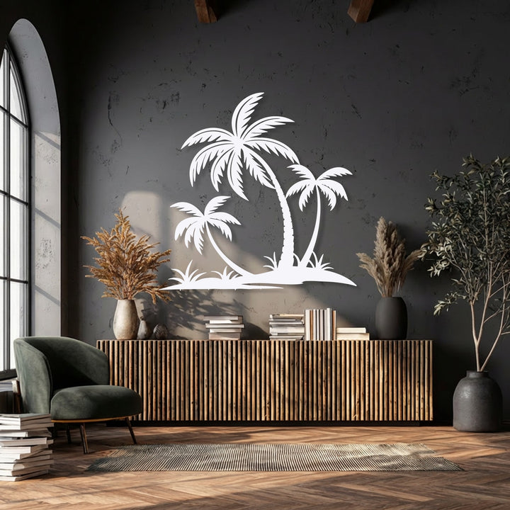 The striking transition from dark charcoal wall to bright white tropical palm tree silhouette metal decoration wall art.