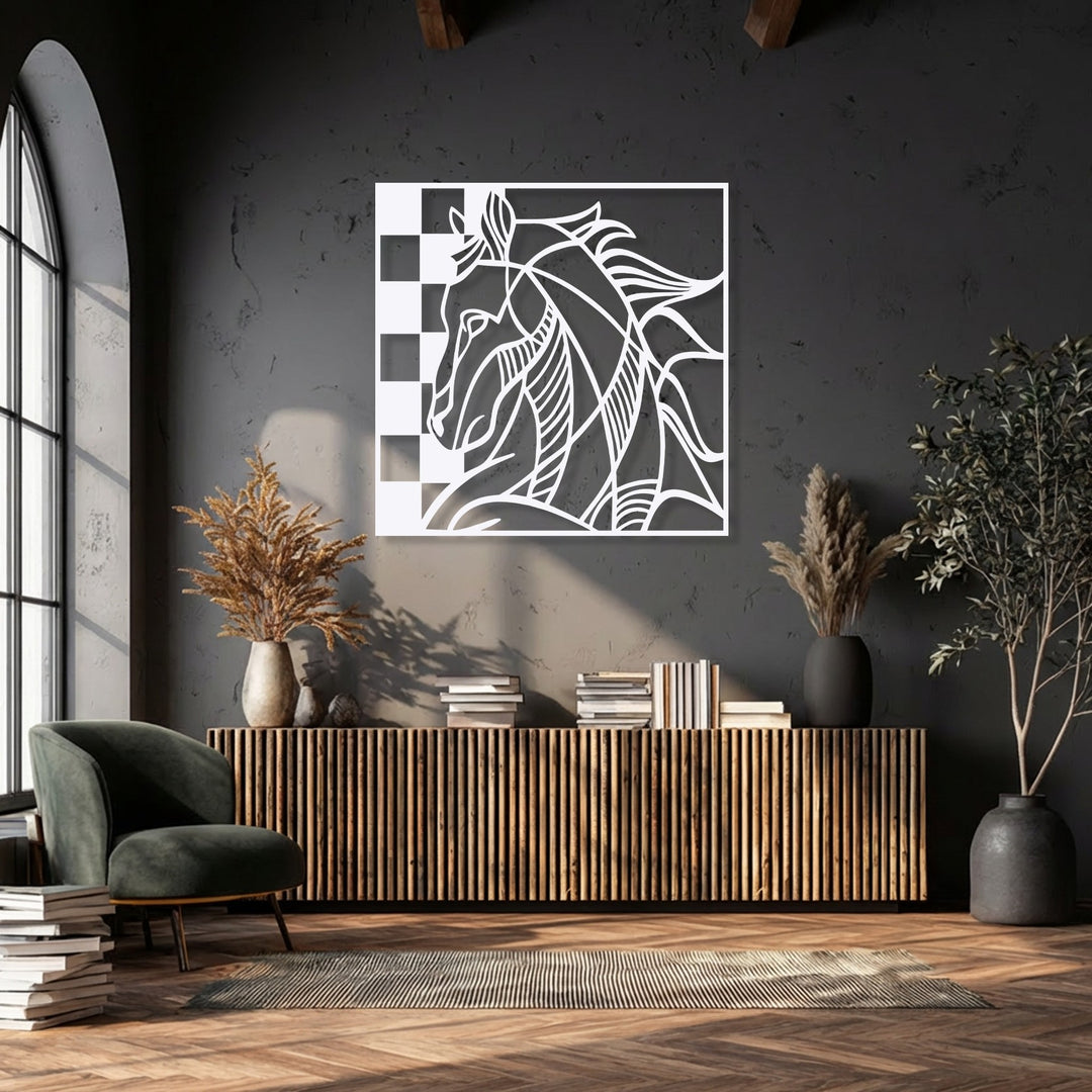 The sharp transition from the white abstract horse decorative metal art to the shadowed, textured dark grey wall offers captivating visual contrast.
