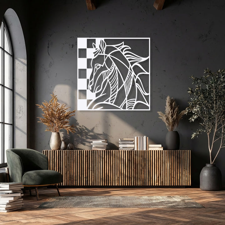 The sharp transition from the white abstract horse decorative metal art to the shadowed, textured dark grey wall offers captivating visual contrast.