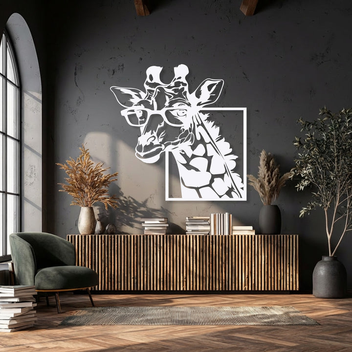 A stylish white metal art for wall featuring a modern animal giraffe with glasses stands out prominently on a dark textured wall.