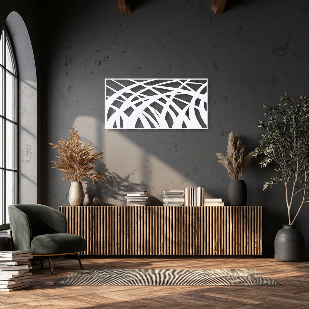 Showcasing superior material quality, this unique metal wall art features a modern abstract design of flowing white geometric lines.