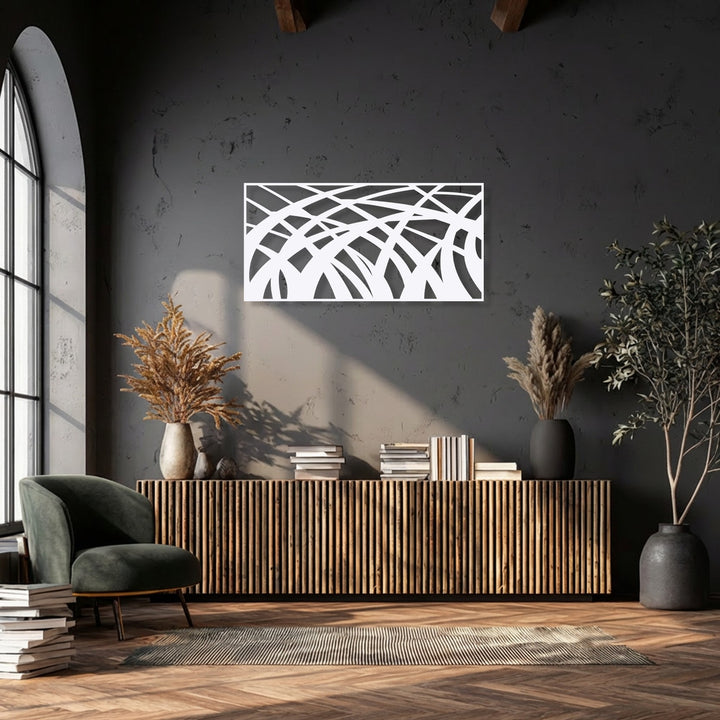 Showcasing superior material quality, this unique metal wall art features a modern abstract design of flowing white geometric lines.