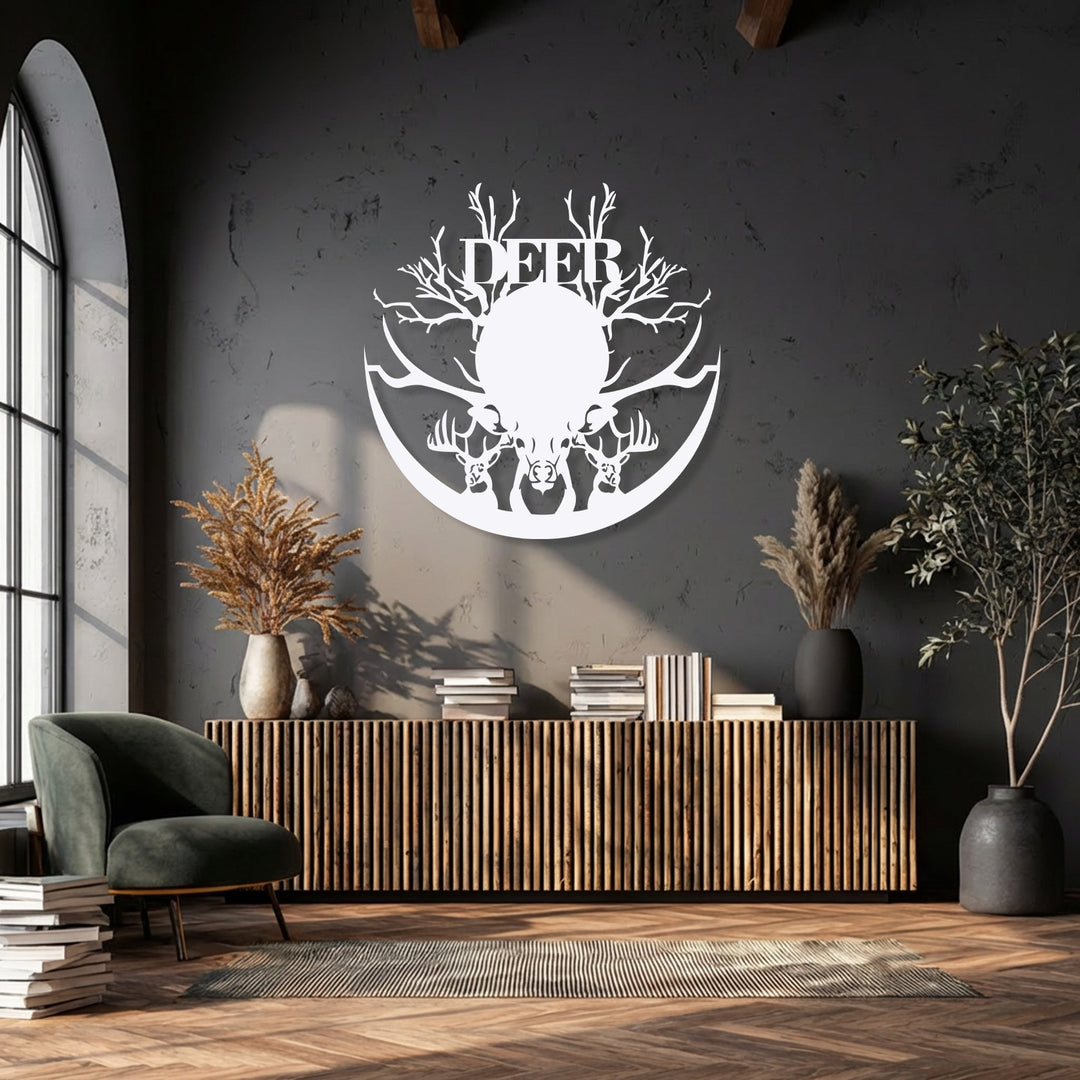 The majestic deer antler silhouette metal artwork creates a distinct layering effect, prominently standing out from the dark wall.