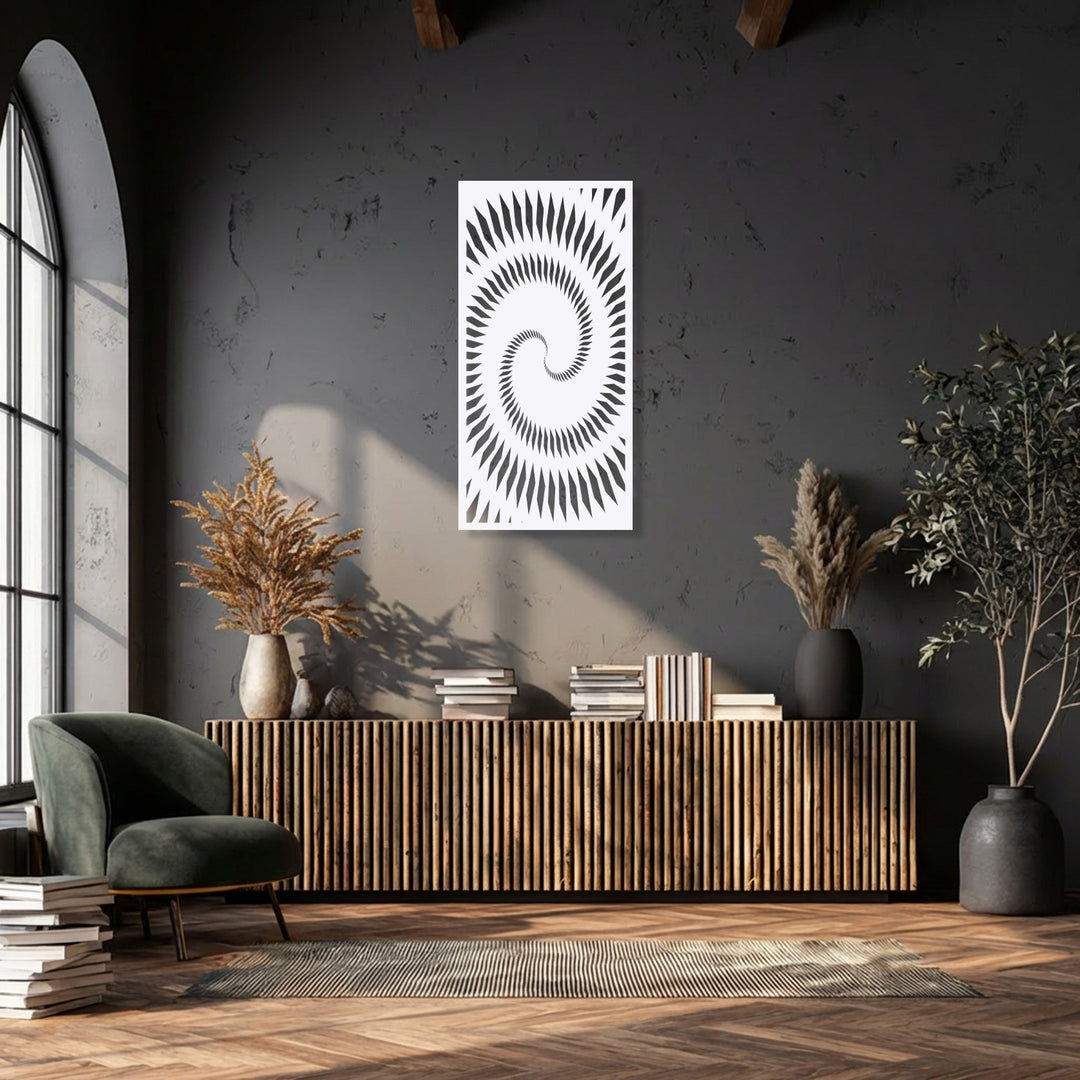 A vertical, rectangular metal wall decor featuring a hypnotic spiral geometry pattern of elongated forms.