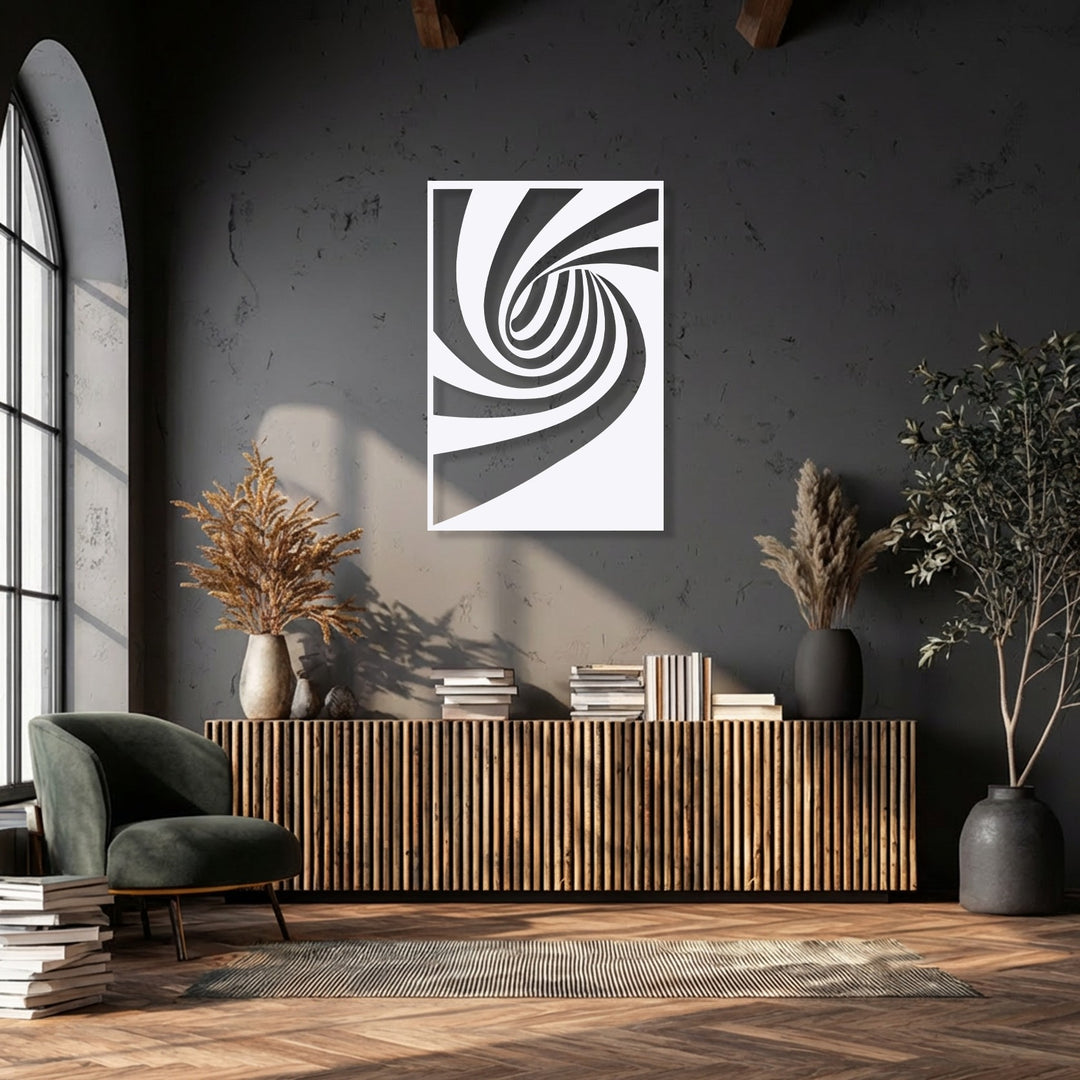 The striking focal point is an abstract spiral decoration wall art, featuring a dynamic black and white geometric twist design.