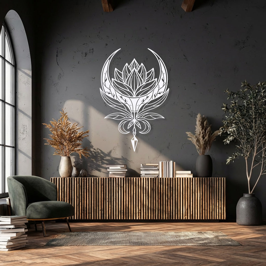 The realistic detail of the white celestial lotus emblem metal art for wall with intricate mandala elements is stunning against a dark grey wall.