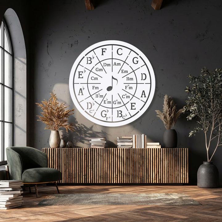 The deep charcoal wall forms a dramatic backdrop for the striking white Circle of Fifths music theory metal wall decor.