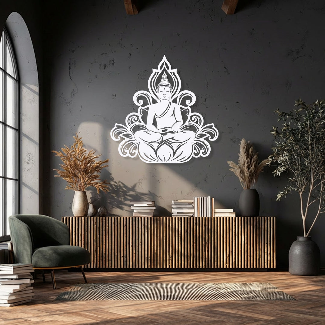 The brightest area showcases a serene white Buddha Lotus Silhouette, an exquisite unique metal wall art piece, centered on a dark wall.