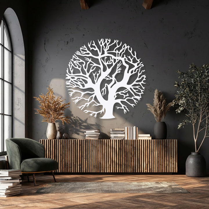 Showcasing impressive depth and layers, the intricate Tree of Life Metal Wall Art forms a striking decoration wall art piece on a dark, textured wall.