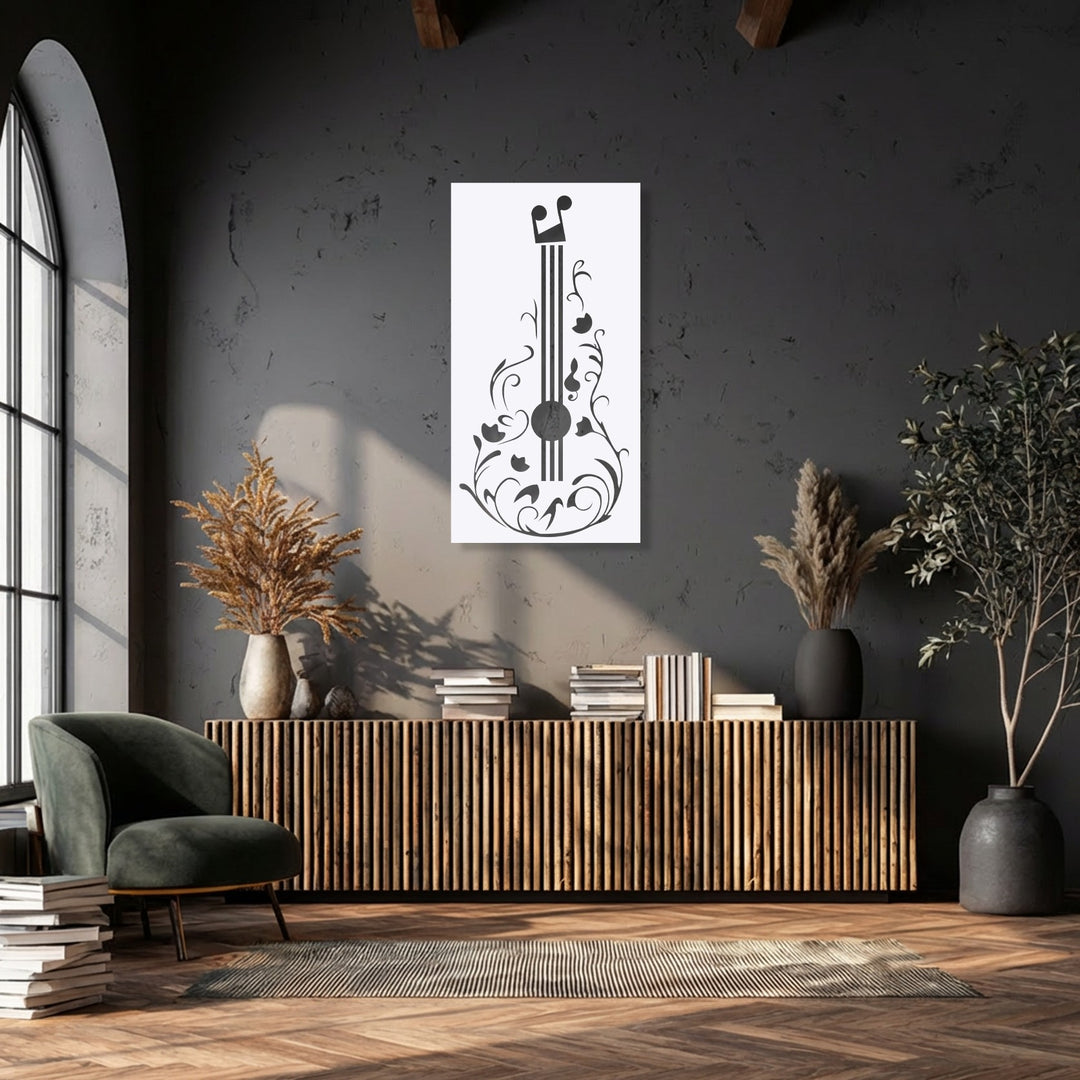 Gracefully swirling floral patterns and musical notes create a lyrical sense of movement around the elegant Floral Guitar metal wall decor.