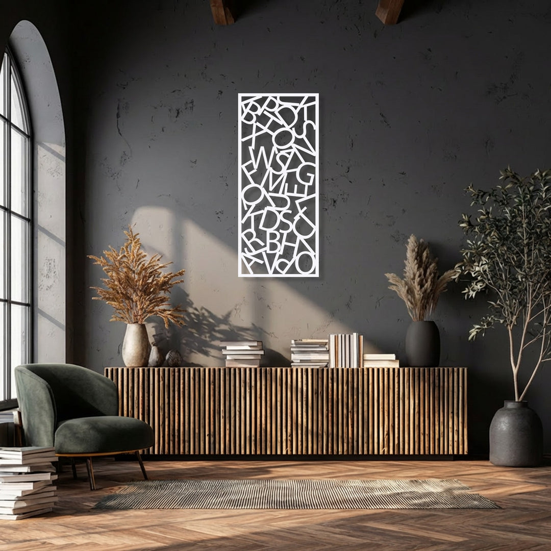 A vibrant sense of movement emanates from the abstract typography metal art for wall, with its dynamic, scattered letter composition.