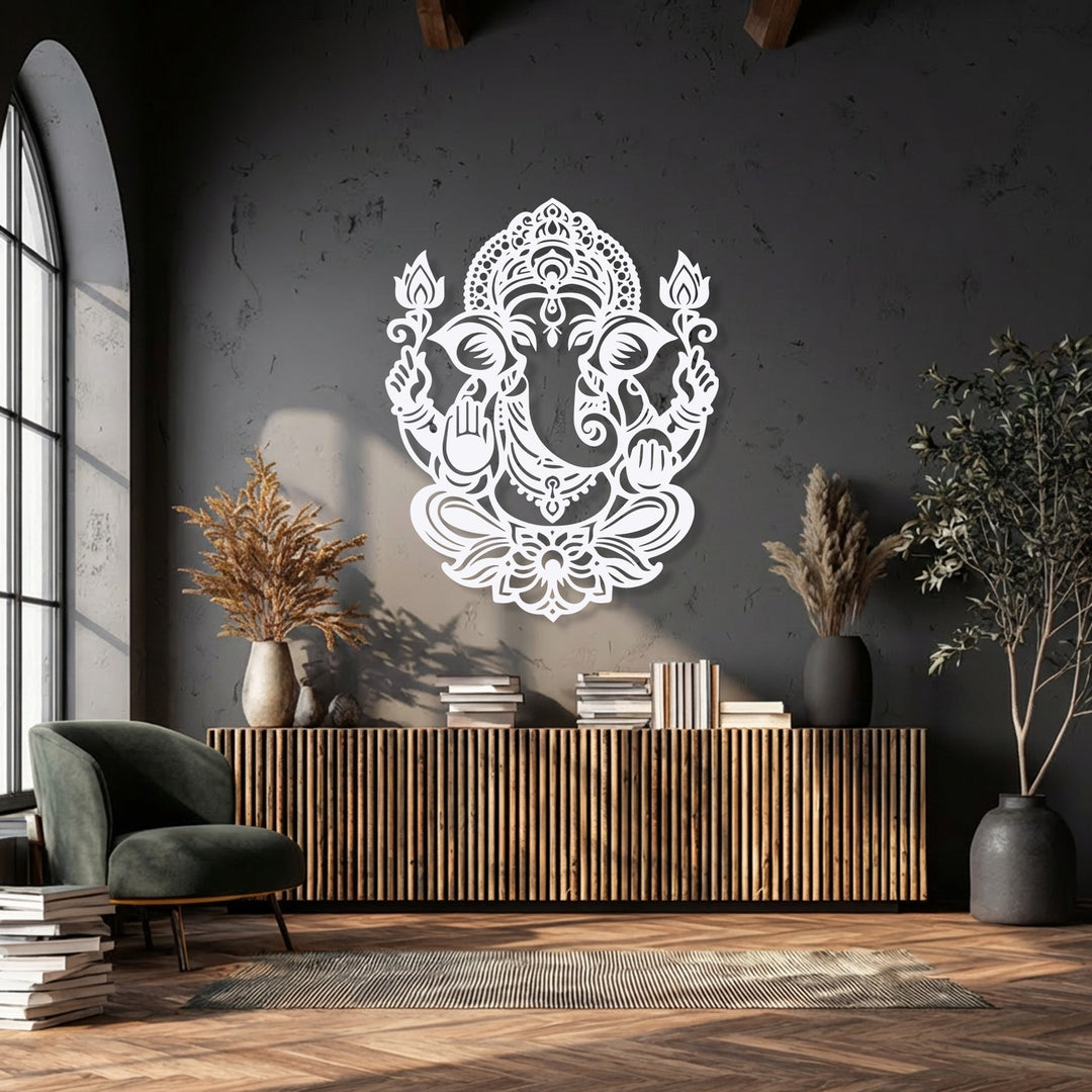Striking color contrast highlights the intricate white Sacred Ganesha Lotus metal artwork against a deep charcoal wall, creating a serene spiritual focal point.