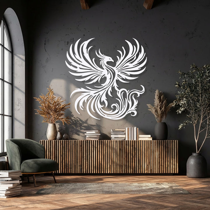 The abstract quality of this decorative metal art is captured in the elegant, sweeping design of the mythical phoenix rising.