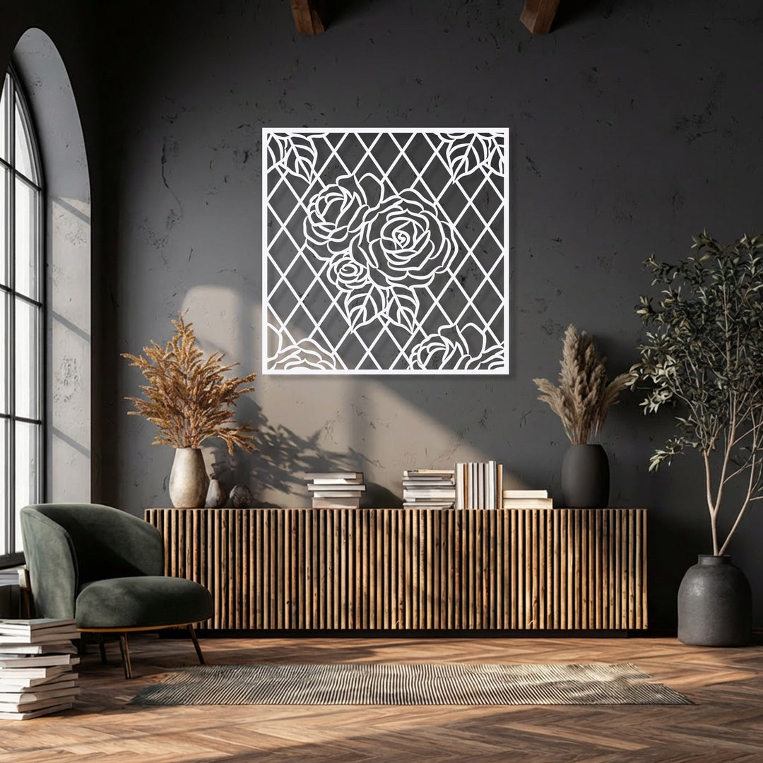 The striking white rose lattice metal artwork, a floral geometric panel, dramatically enhances the dark wall of a modern interior.