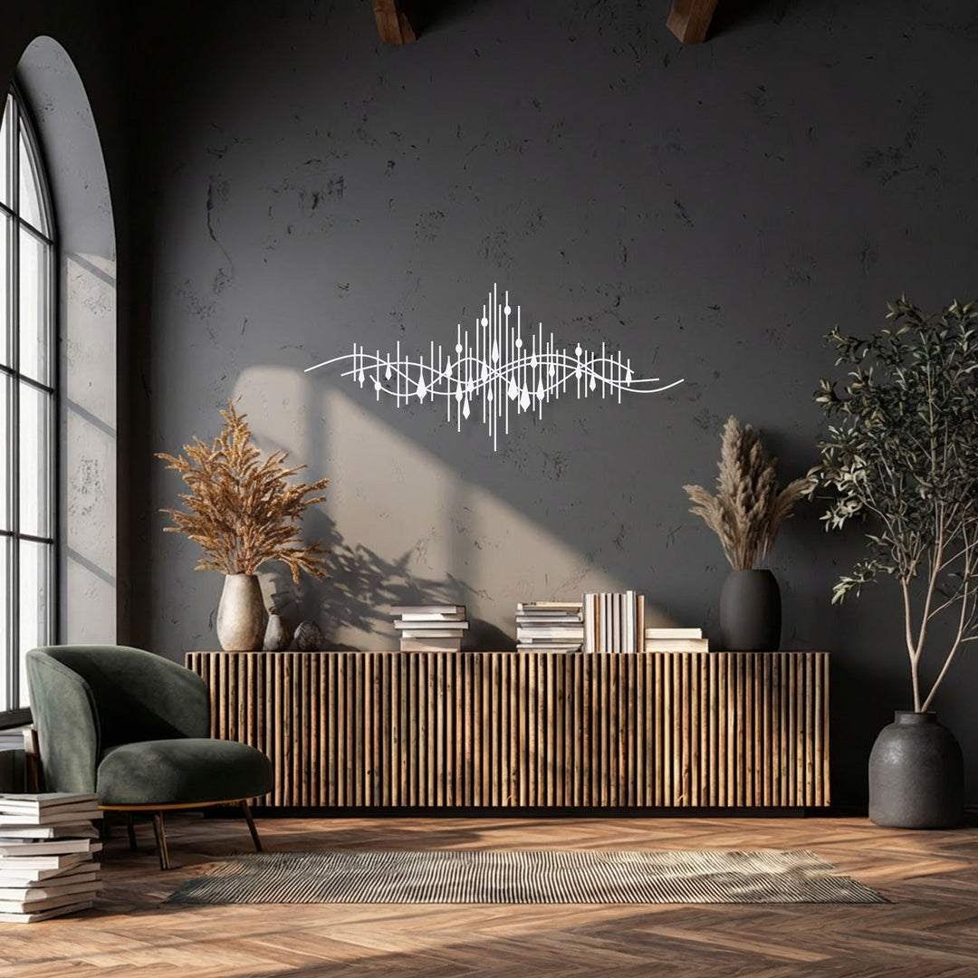 The striking visual rhythm of the abstract soundwave line design is beautifully expressed in this decorative metal art.