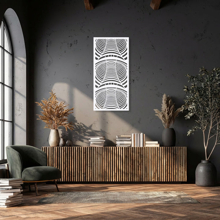 Organic forms emerge from the architectural arch illusion metal artwork, creating a dynamic geometric depth design.