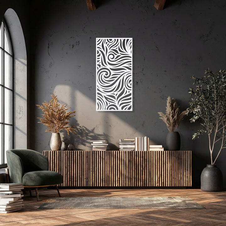 The clean white finish reveals intricate, abstract flowing swirl patterns, making it a striking piece of metal decoration wall art.