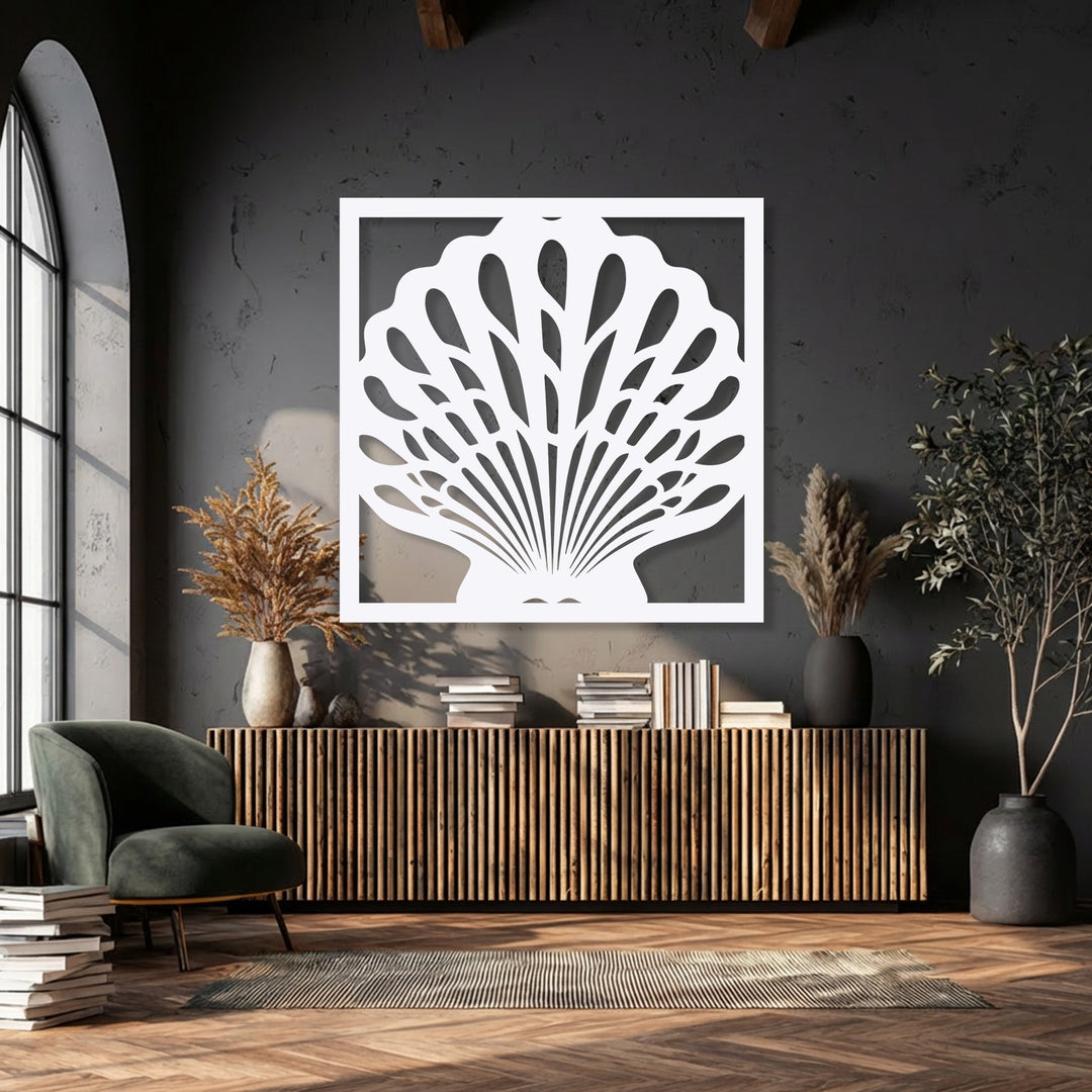 The geometric elements are showcased through a large white framed seashell artwork with a complex fanned pattern, making striking decoration wall art.