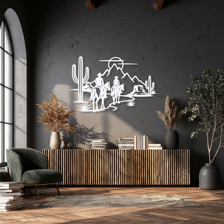 The geometric elements of this desert silhouette metal decoration wall art showcase striking mountain peaks, cacti, and a circular sun.