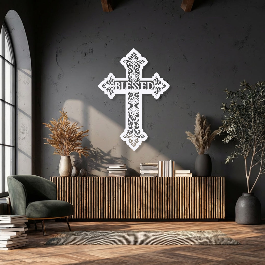 Sunlight shifts across the room, creating an ever-changing display on the elegant Blessed Cross metal wall decoration wall art.