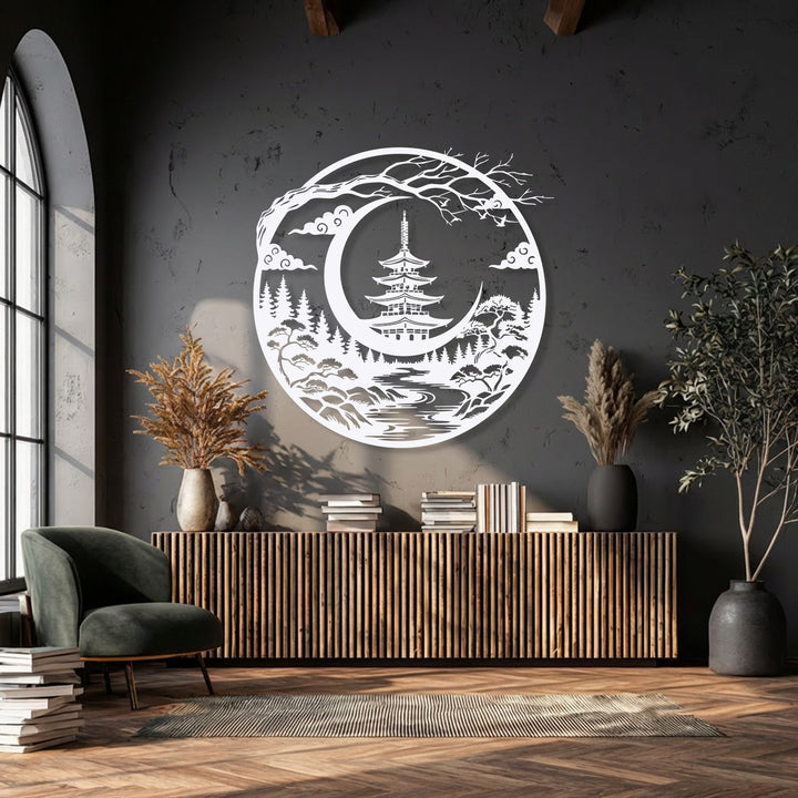 Negative space artfully defines a white Japanese pagoda and crescent moon landscape, a captivating and minimalist decoration wall art piece.