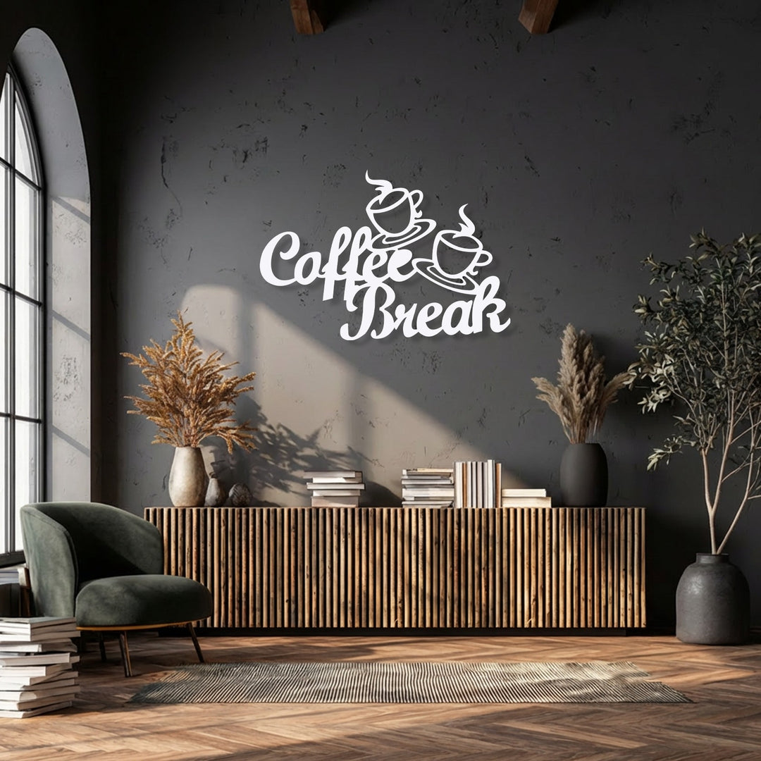 The realistic detail of the 'Coffee Break Script' metal wall decor, showing steaming cups, creates a sharp, eye-catching focal point on a dark wall.