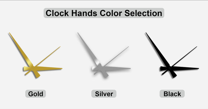 The image highlights the distinct color saturation of gold, silver, and black clock hands for unique metal wall art, showcasing their individual luster.