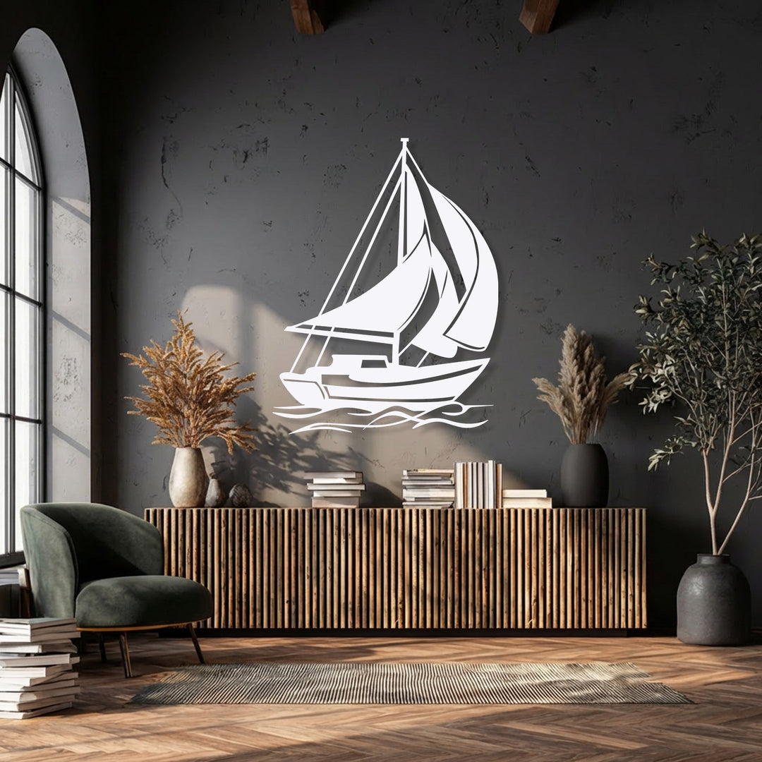 The dynamic sailing boat metal wall decor captures the spirit of the ocean with its wind-filled sails and stylized waves.