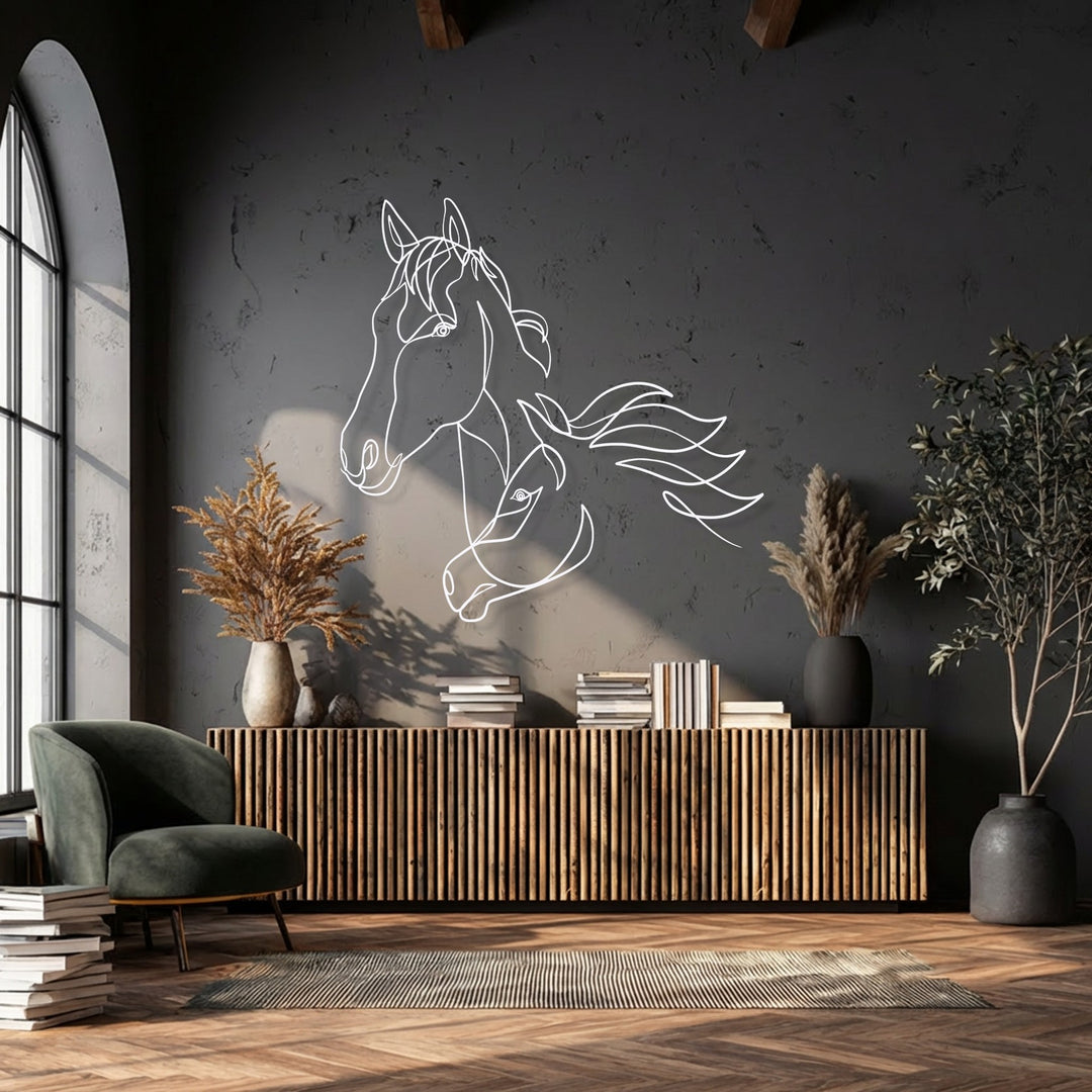 The durable metal artwork features a stunning minimalist dual horse line art design, reflecting superior material quality.