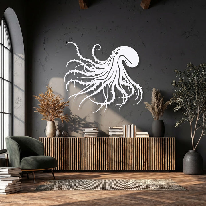 The striking negative space defining the white octopus metal art for wall creates a powerful gothic ocean decor statement on the dark textured wall.