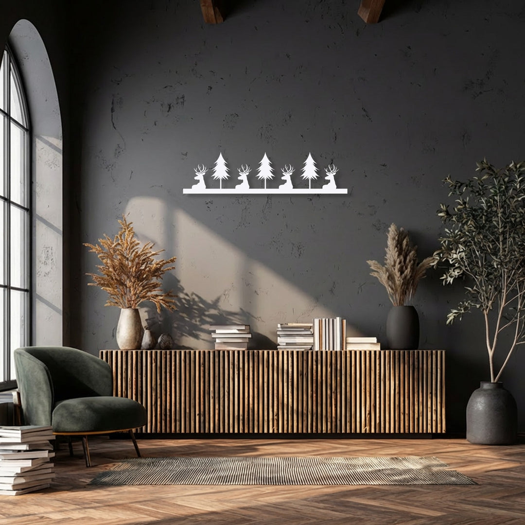 The crisp matte white finish of the deer and pine forest silhouette metal decoration wall art creates a striking contrast.