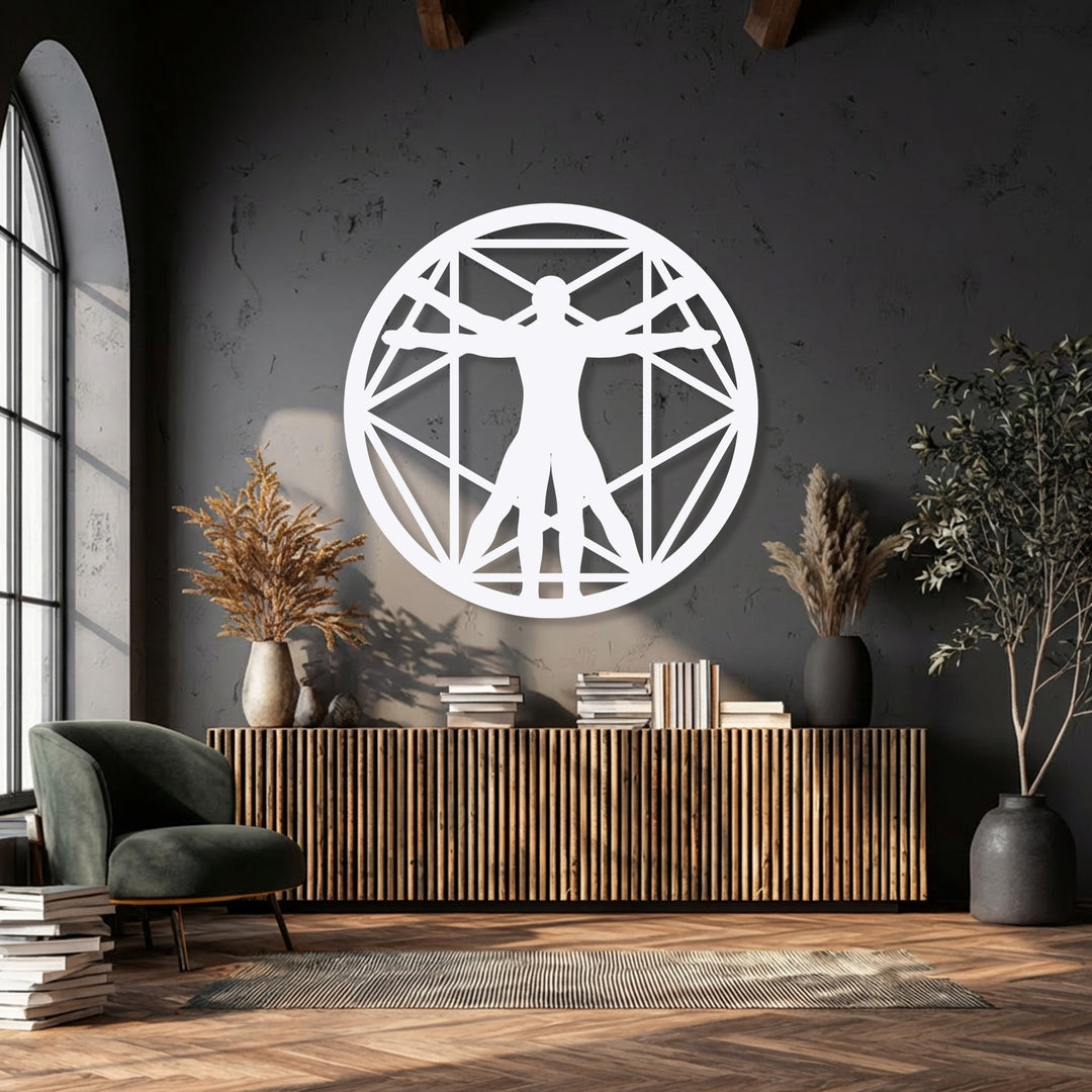 Geometric patterns form the white circular Vitruvian Man decoration wall art, a striking piece against the dark, textured wall.